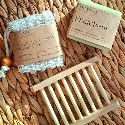 Trio savon-porte savon et pochette exfoliante